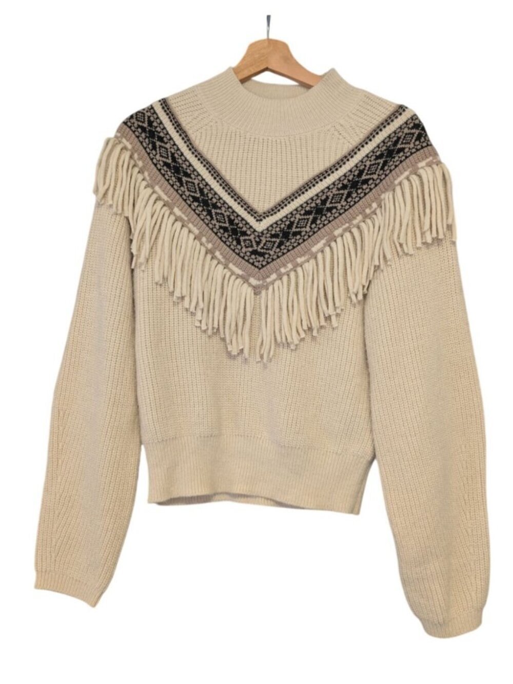 Z Supply Womens S Stone Tan Aztec North Fringe Mock Neck Knit Sweater